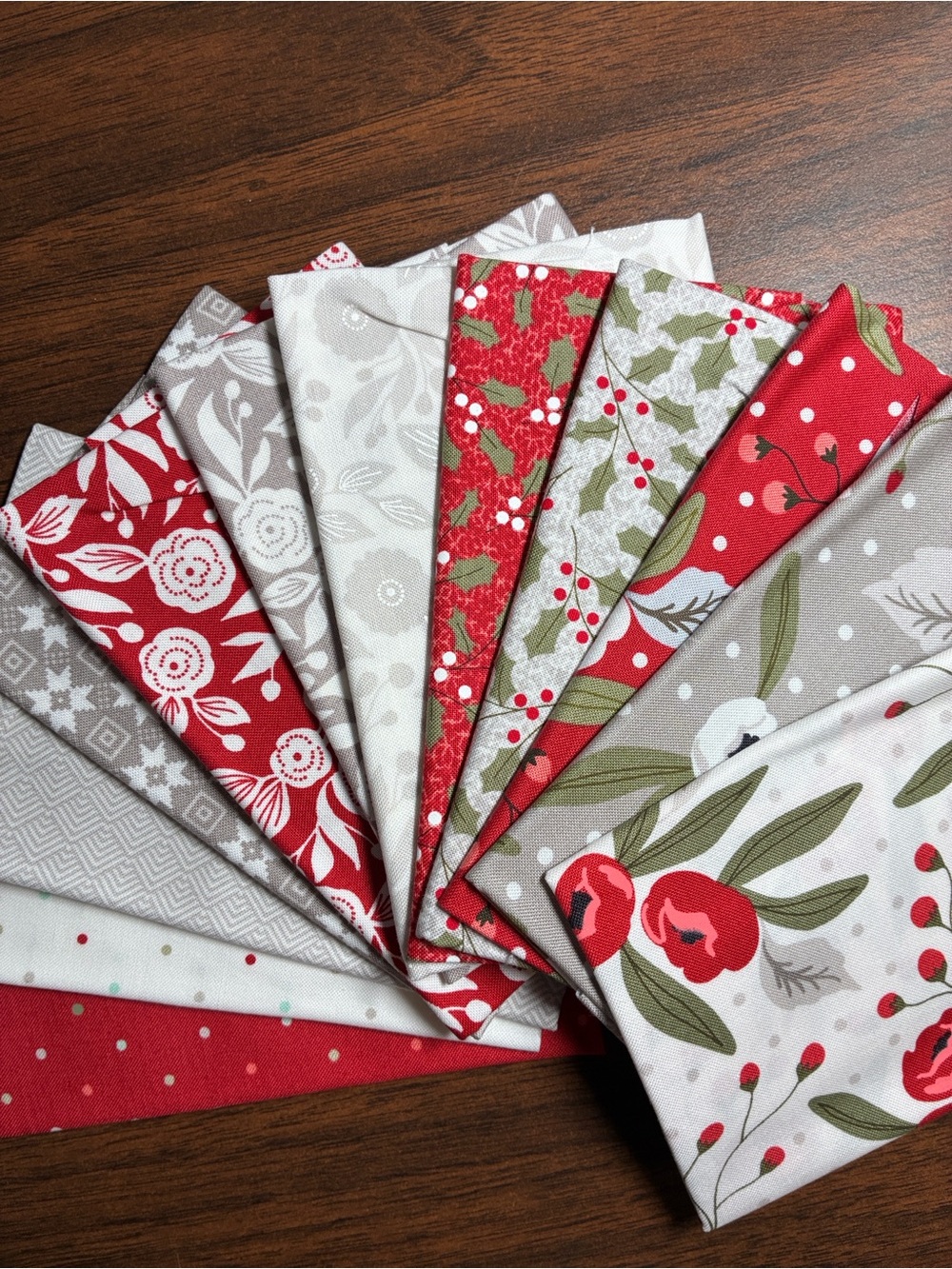 Moda Holiday Fabric Fat Eighth Bundle in Red and Gray - Festive Floral Prints